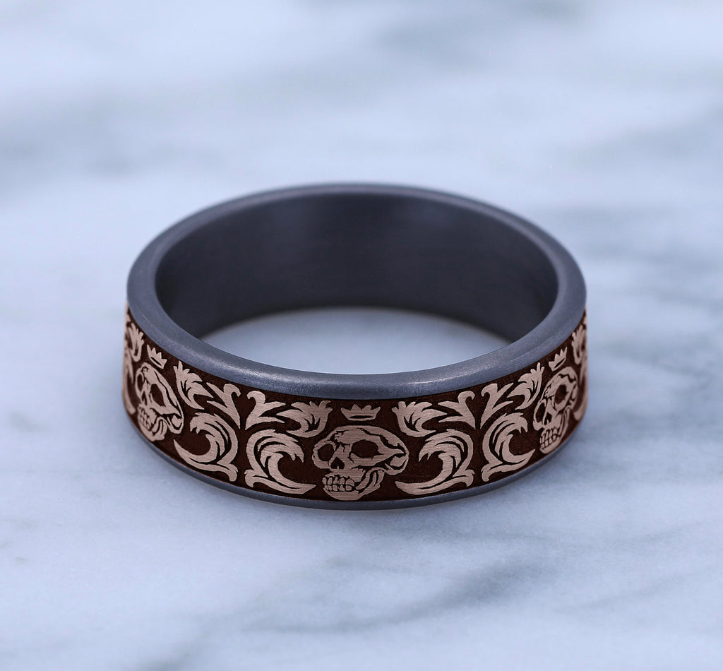 THE SKULL KING 7.5mm, Comfort fit, Grey Tantalum and 14K Rose Gold, Skull king pattern, thin edges