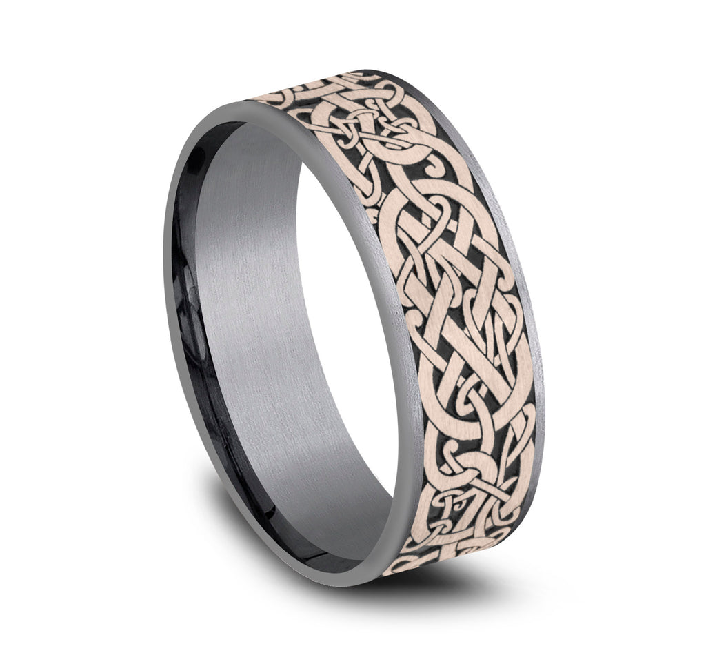 THE BERGEN 7.5mm, Comfort fit, Grey Tantalum and 14K Rose Gold, Viking knot patterned center, thin edges