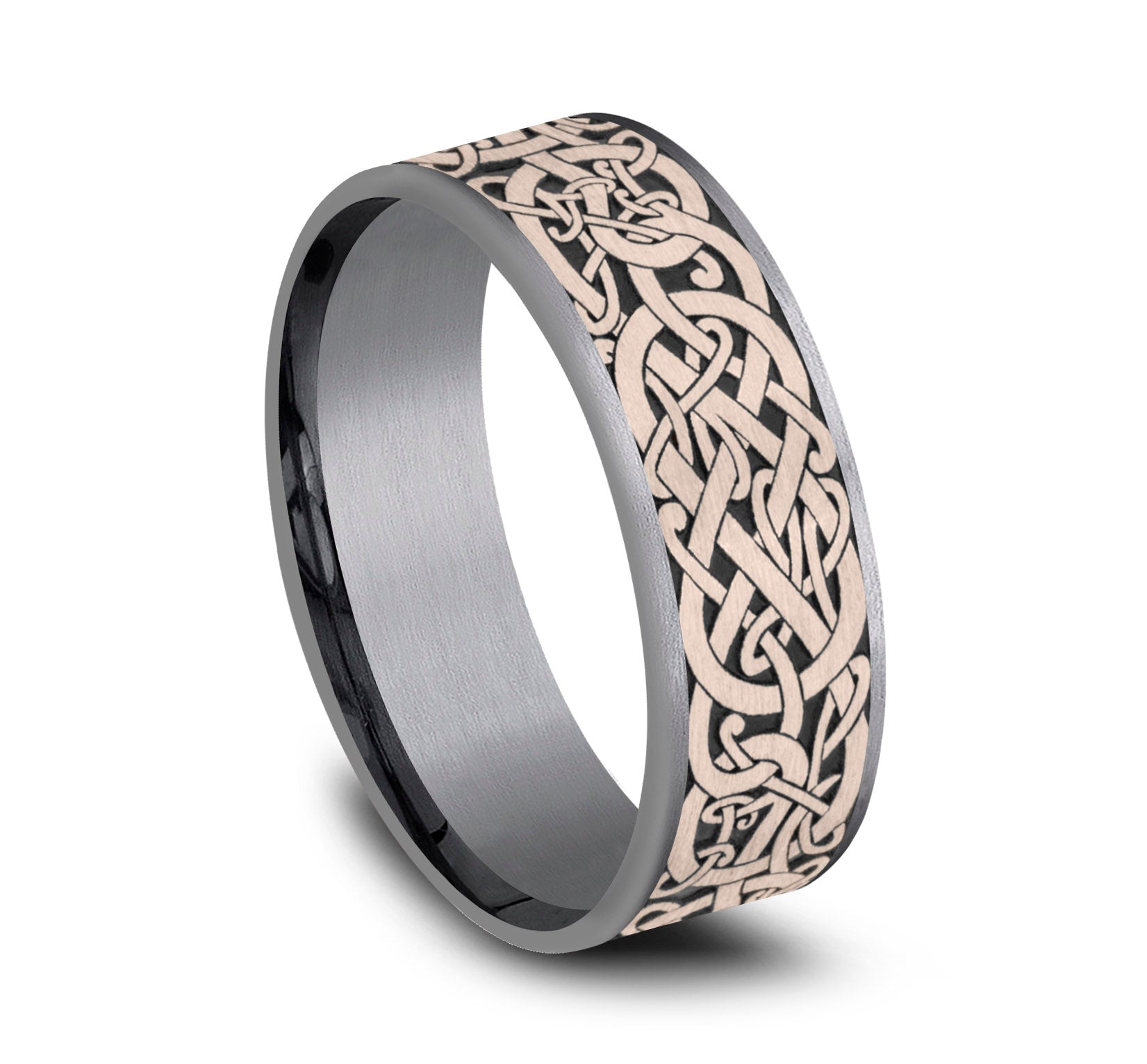 THE BERGEN 7.5mm, Comfort fit, Grey Tantalum and 14K Rose Gold, Viking knot patterned center, thin edges
