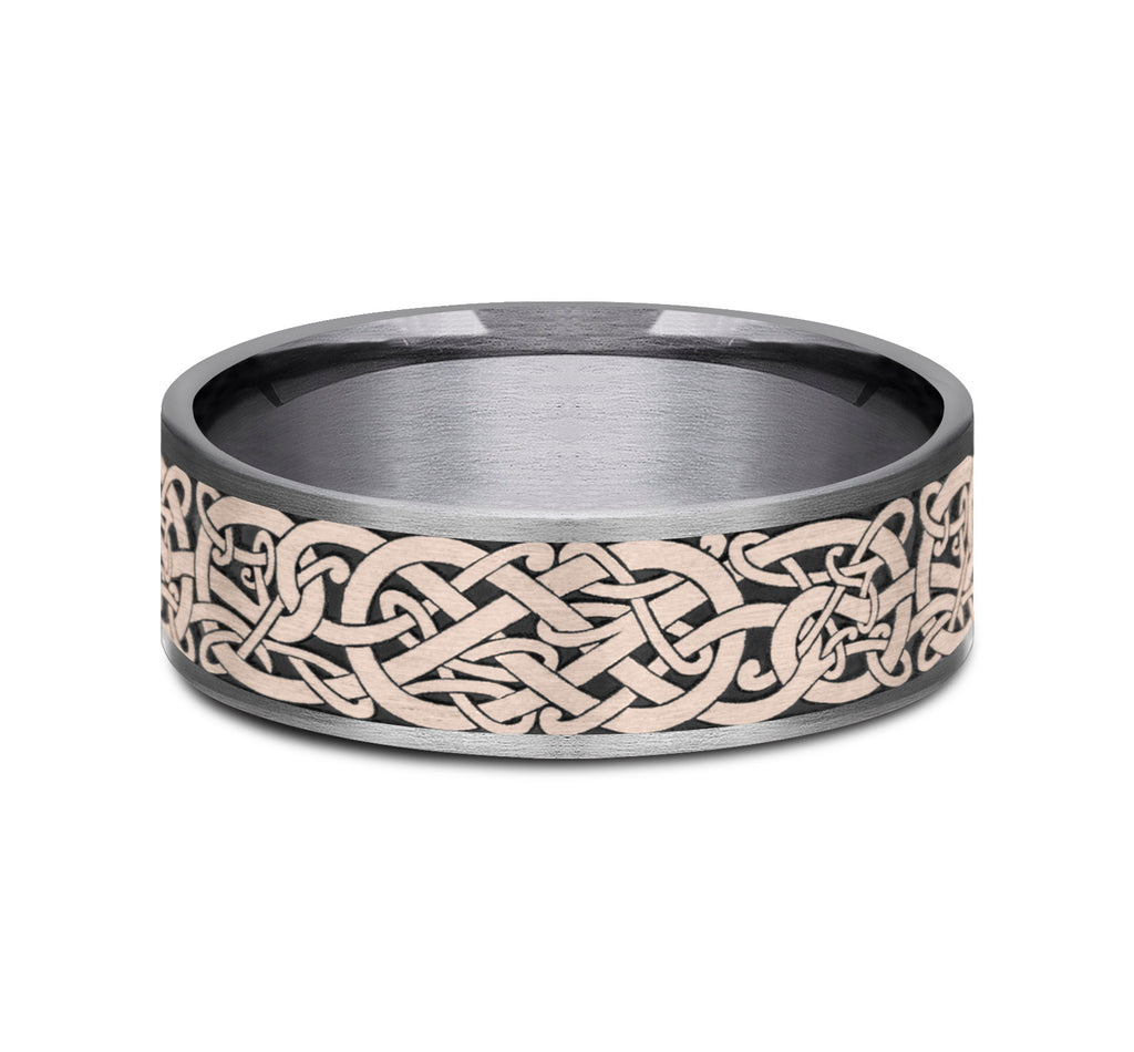 THE BERGEN 7.5mm, Comfort fit, Grey Tantalum and 14K Rose Gold, Viking knot patterned center, thin edges