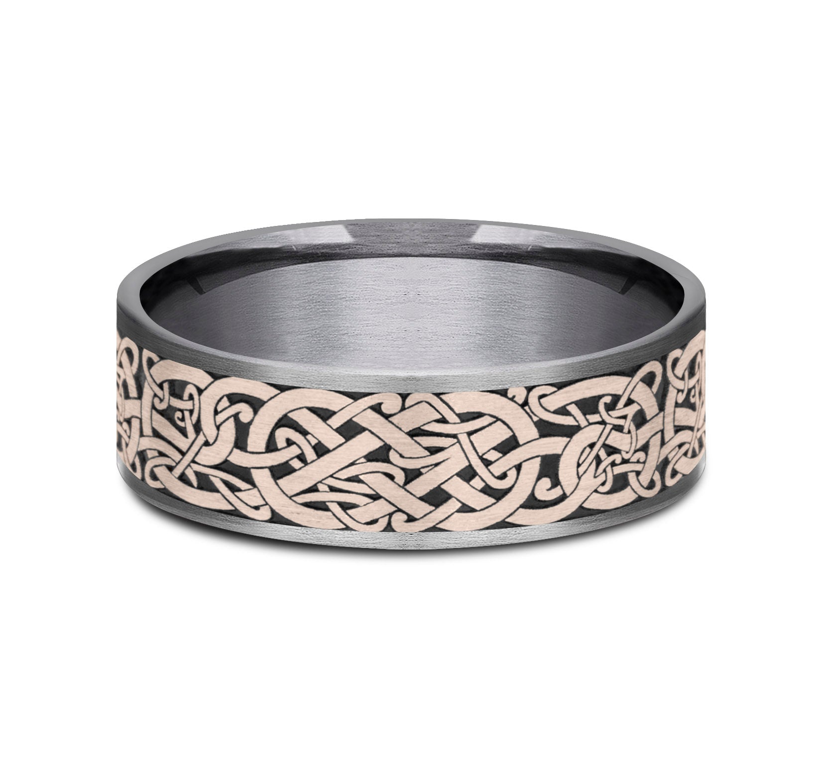 THE BERGEN 7.5mm, Comfort fit, Grey Tantalum and 14K Rose Gold, Viking knot patterned center, thin edges