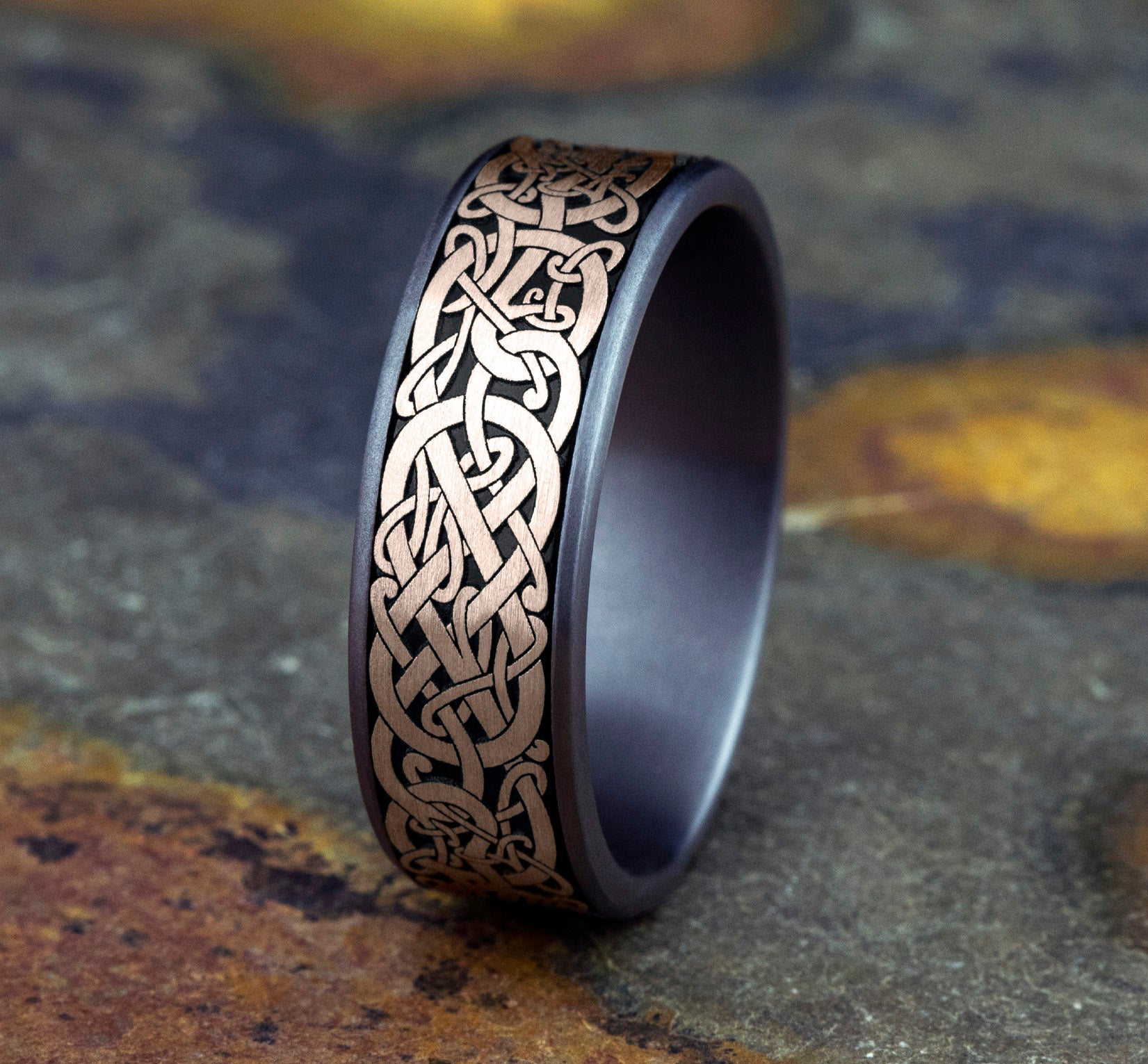 THE BERGEN 7.5mm, Comfort fit, Grey Tantalum and 14K Rose Gold, Viking knot patterned center, thin edges