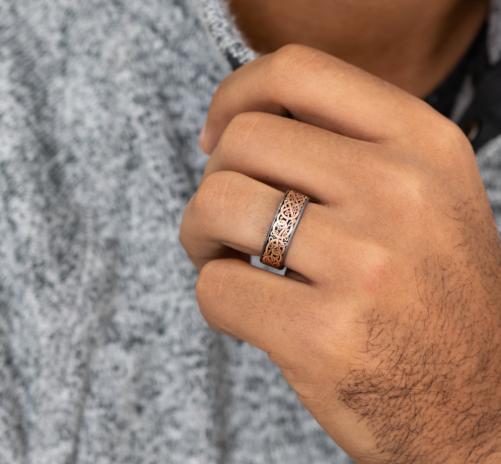 THE BERGEN 7.5mm, Comfort fit, Grey Tantalum and 14K Rose Gold, Viking knot patterned center, thin edges