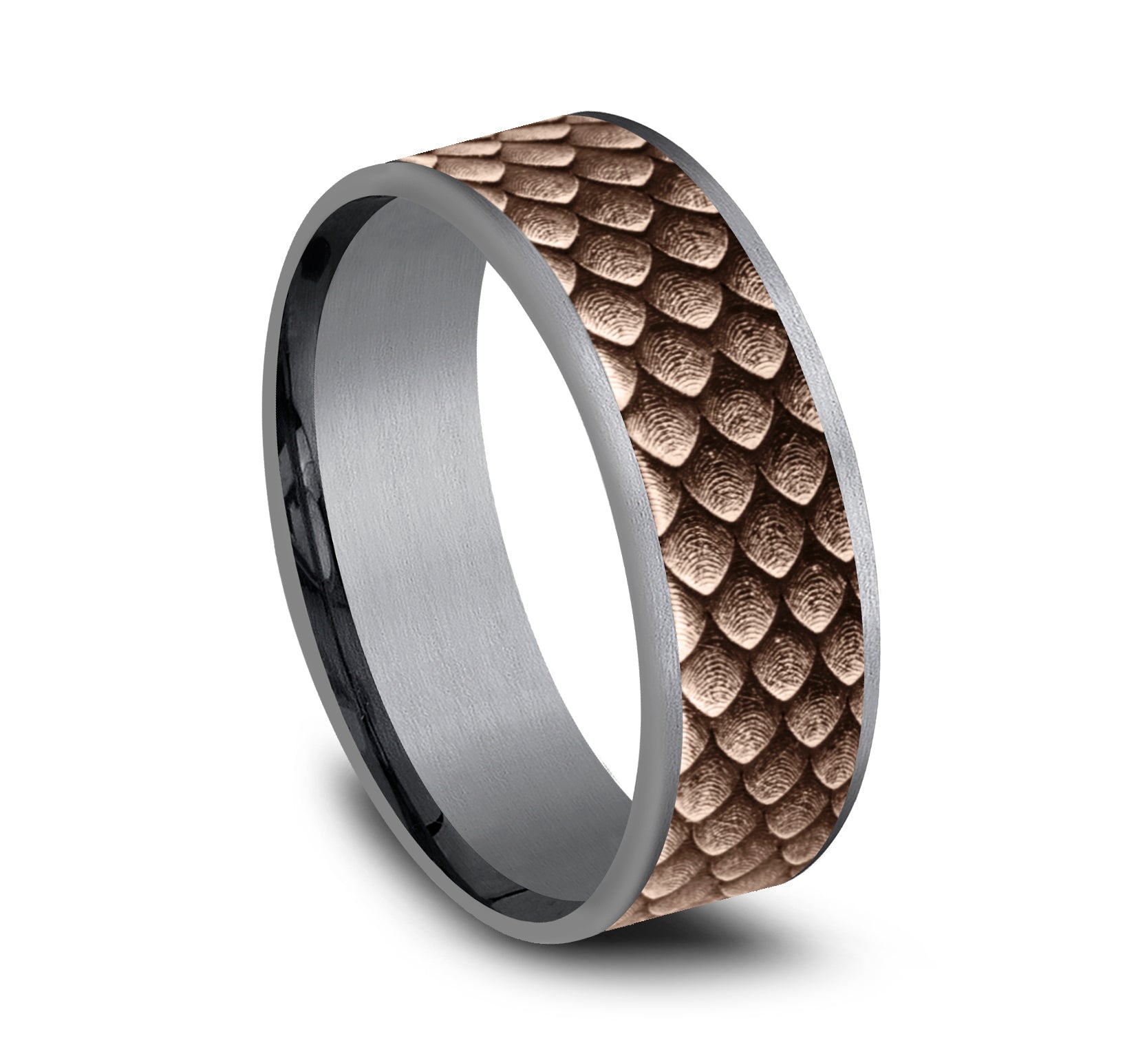 THE DROGON 7.5mm, Comfort fit, Grey Tantalum and 14K Rose  Gold, Dragon scale patterned center, thin edges