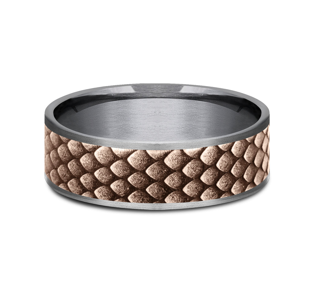 THE DROGON 7.5mm, Comfort fit, Grey Tantalum and 14K Rose  Gold, Dragon scale patterned center, thin edges