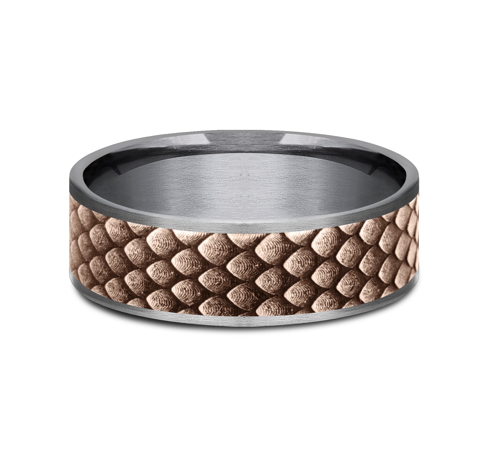 THE DROGON 7.5mm, Comfort fit, Grey Tantalum and 14K Rose  Gold, Dragon scale patterned center, thin edges