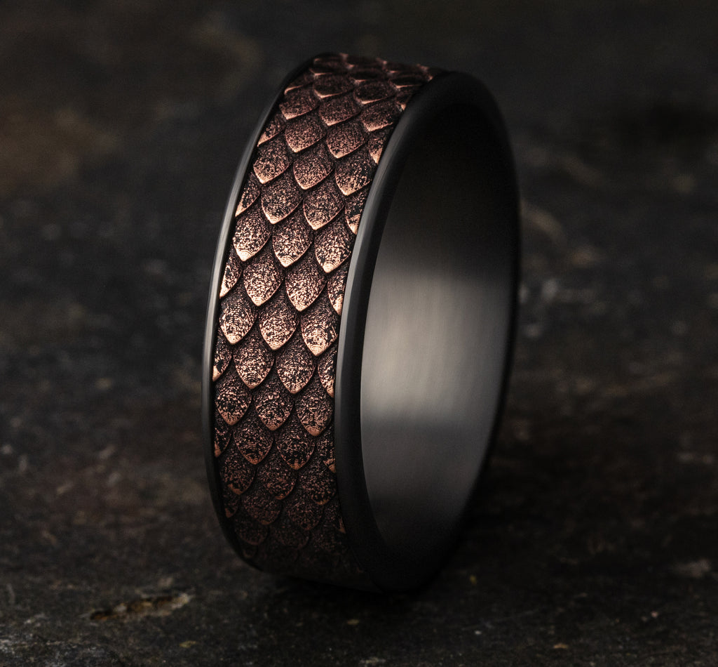 THE DROGON 7.5mm, Comfort fit, Grey Tantalum and 14K Rose  Gold, Dragon scale patterned center, thin edges
