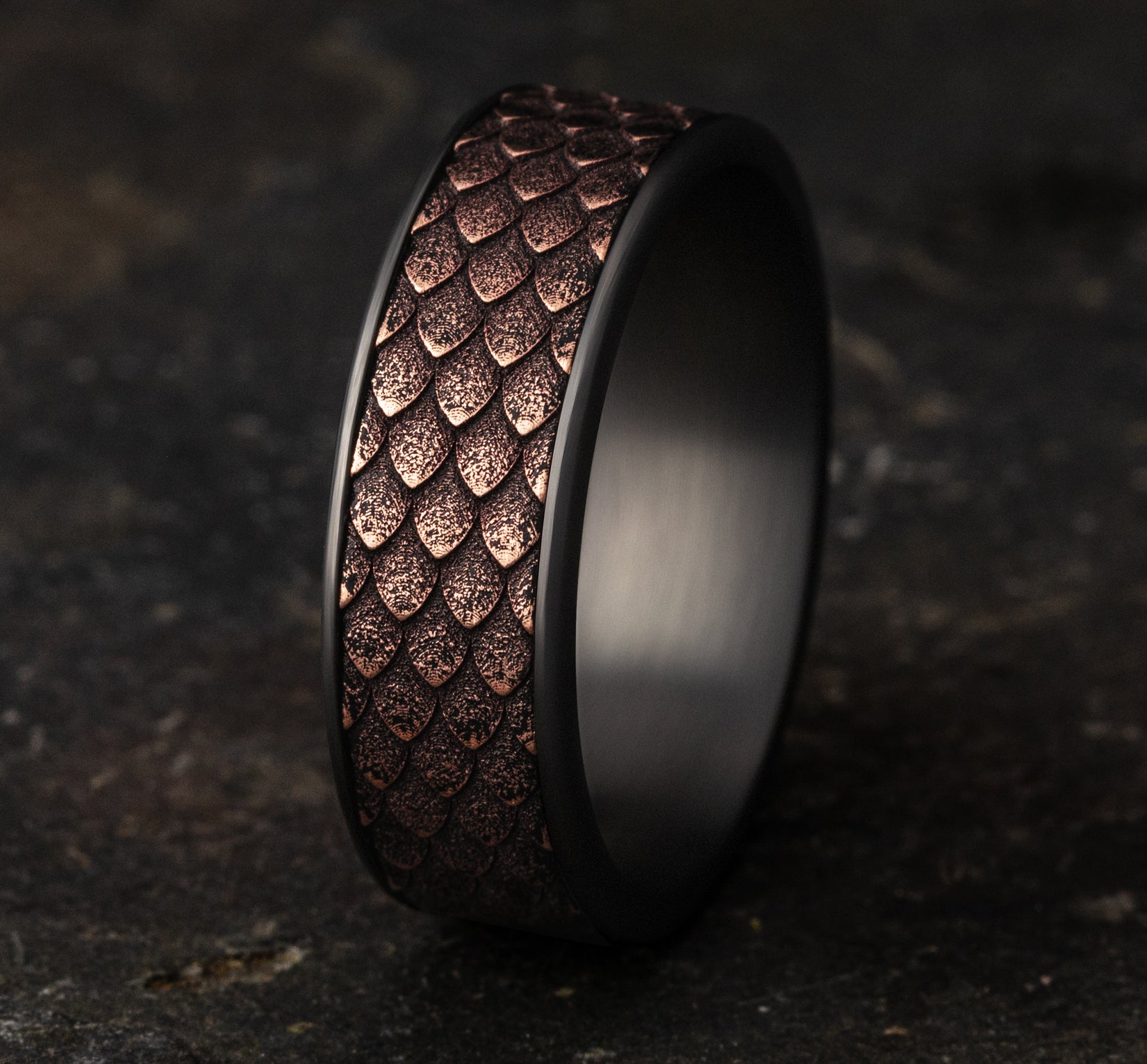 THE DROGON 7.5mm, Comfort fit, Grey Tantalum and 14K Rose  Gold, Dragon scale patterned center, thin edges