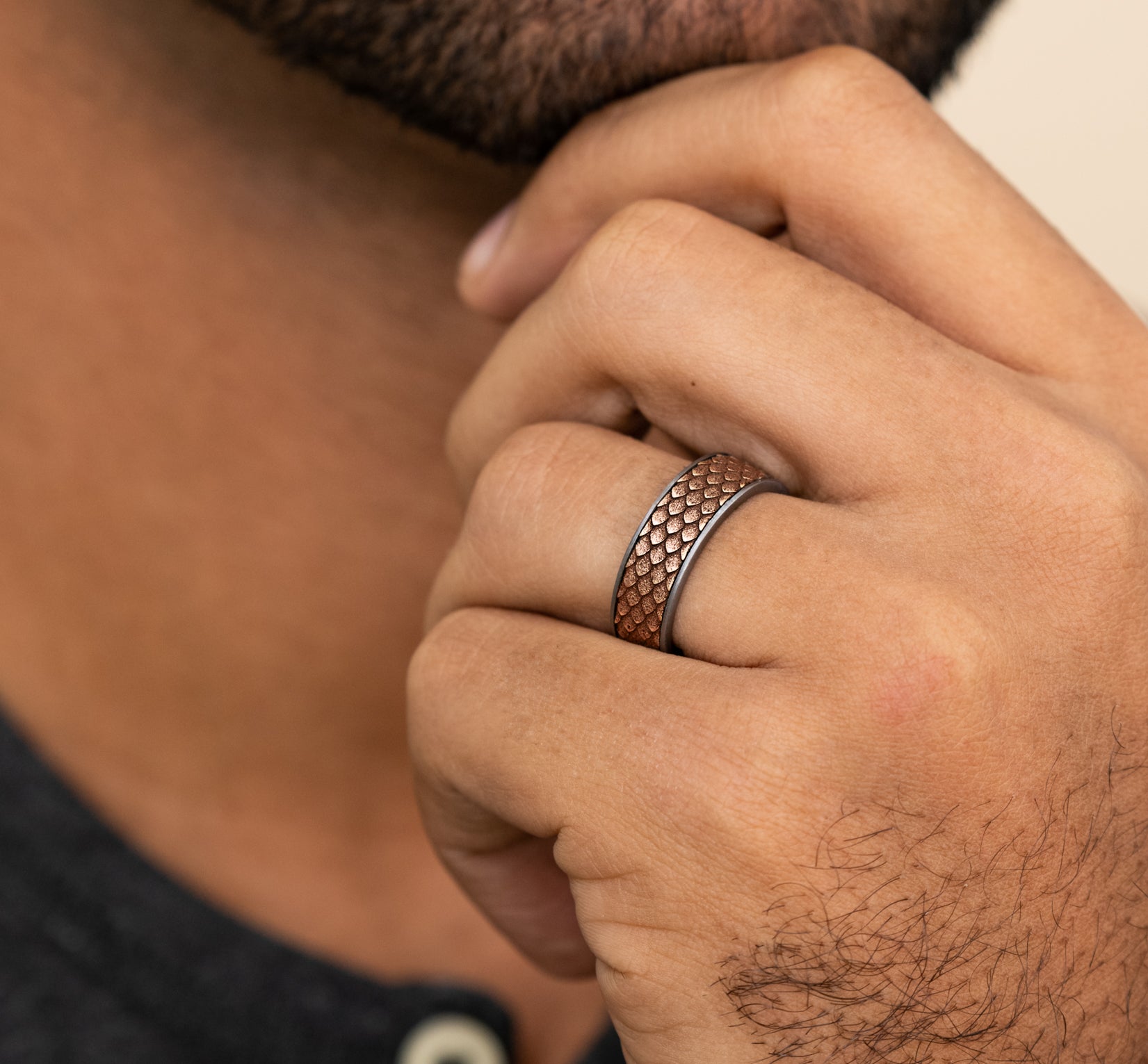 THE DROGON 7.5mm, Comfort fit, Grey Tantalum and 14K Rose  Gold, Dragon scale patterned center, thin edges