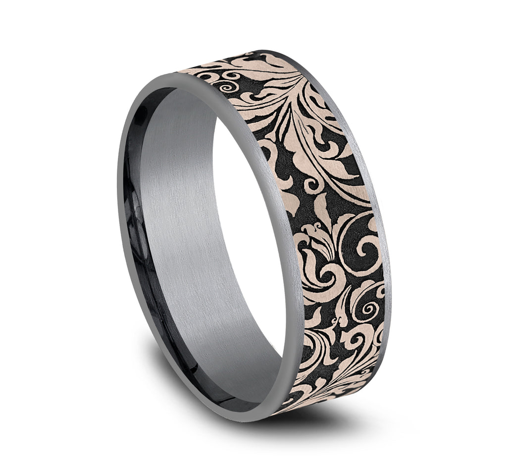 THE VINE 7.5mm, Comfort fit, Grey Tantalum and 14K Rose Gold, Leaf script pattern, thin edges