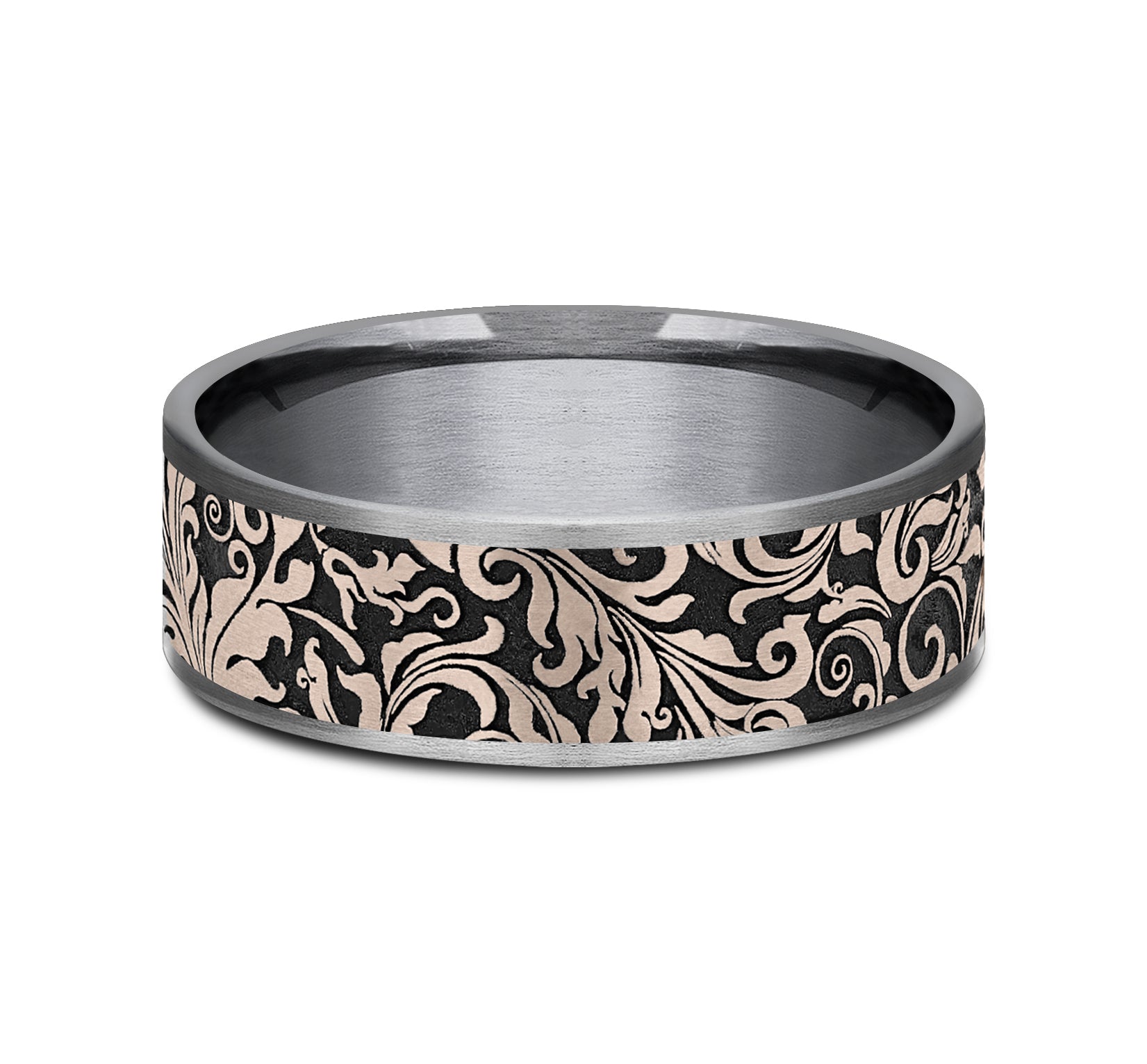 THE VINE 7.5mm, Comfort fit, Grey Tantalum and 14K Rose Gold, Leaf script pattern, thin edges
