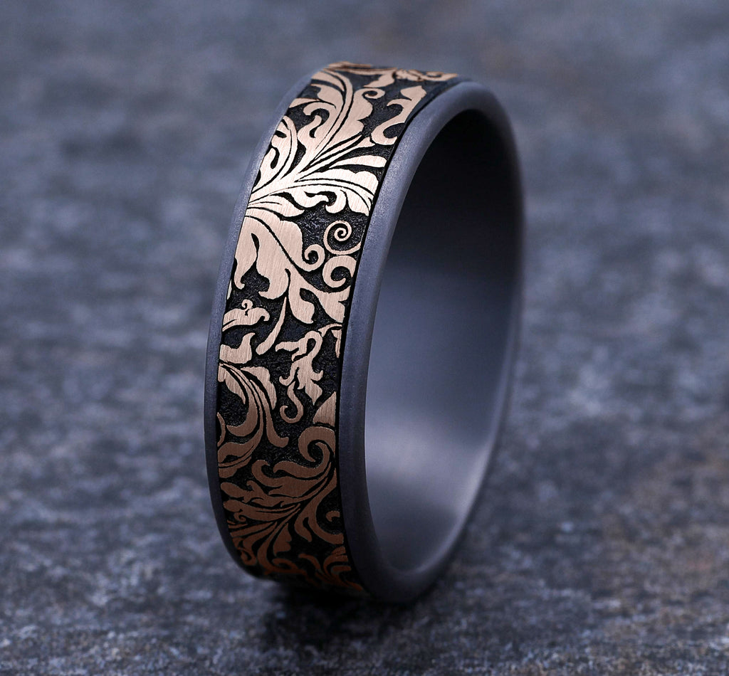 THE VINE 7.5mm, Comfort fit, Grey Tantalum and 14K Rose Gold, Leaf script pattern, thin edges