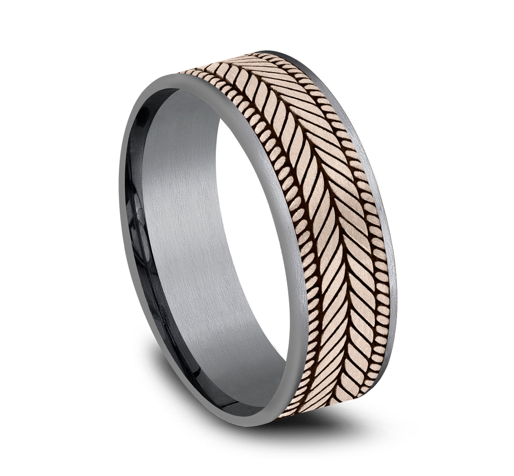 THE CAPRIO 7.5mm, Comfort fit, Grey Tantalum and 14K Rose Gold, Chevron weave pattern, thin edges