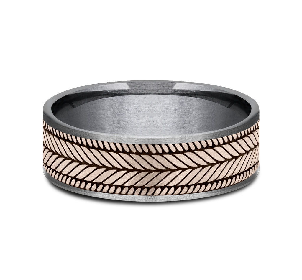 THE CAPRIO 7.5mm, Comfort fit, Grey Tantalum and 14K Rose Gold, Chevron weave pattern, thin edges