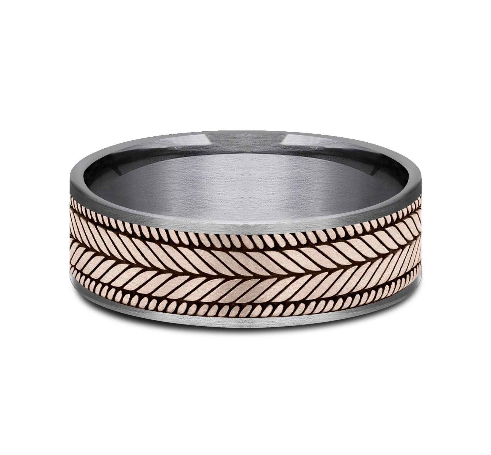 THE CAPRIO 7.5mm, Comfort fit, Grey Tantalum and 14K Rose Gold, Chevron weave pattern, thin edges