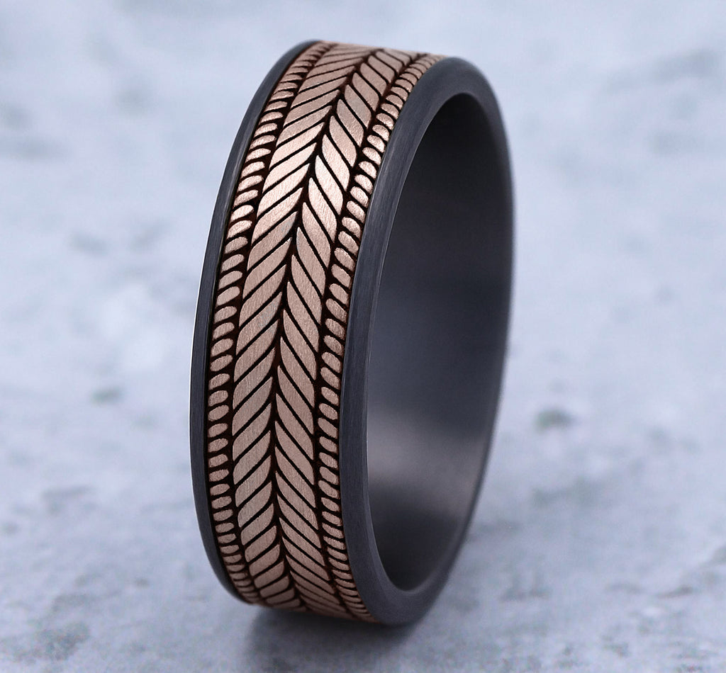 THE CAPRIO 7.5mm, Comfort fit, Grey Tantalum and 14K Rose Gold, Chevron weave pattern, thin edges