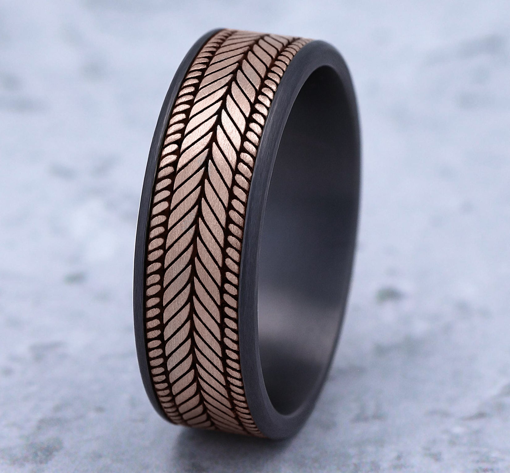 THE CAPRIO 7.5mm, Comfort fit, Grey Tantalum and 14K Rose Gold, Chevron weave pattern, thin edges