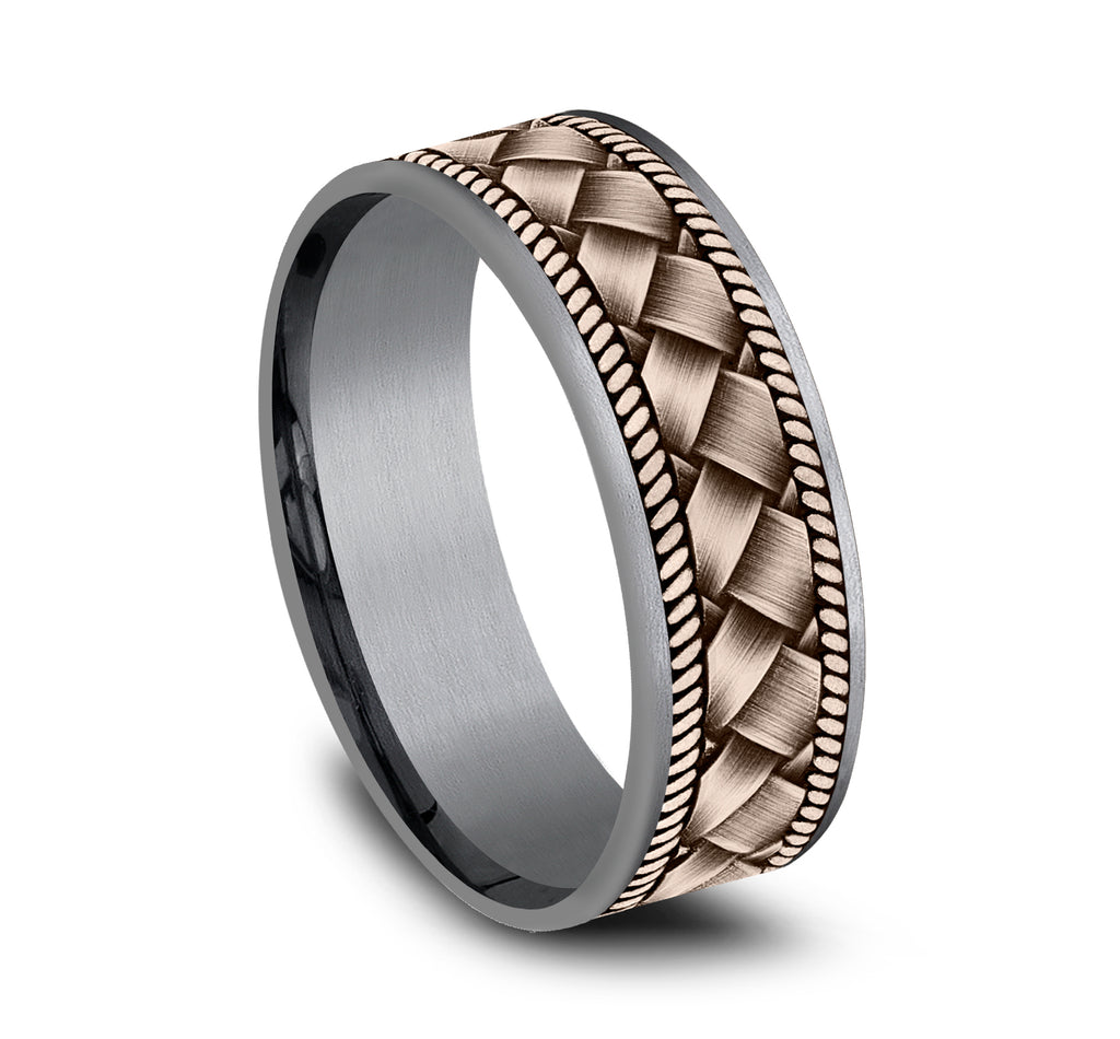 THE BASKET 7.5mm, Comfort fit, Grey Tantalum and 14K Rose Gold, Basket weave pattern, thin edges