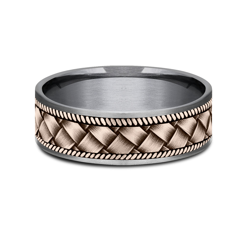 THE BASKET 7.5mm, Comfort fit, Grey Tantalum and 14K Rose Gold, Basket weave pattern, thin edges