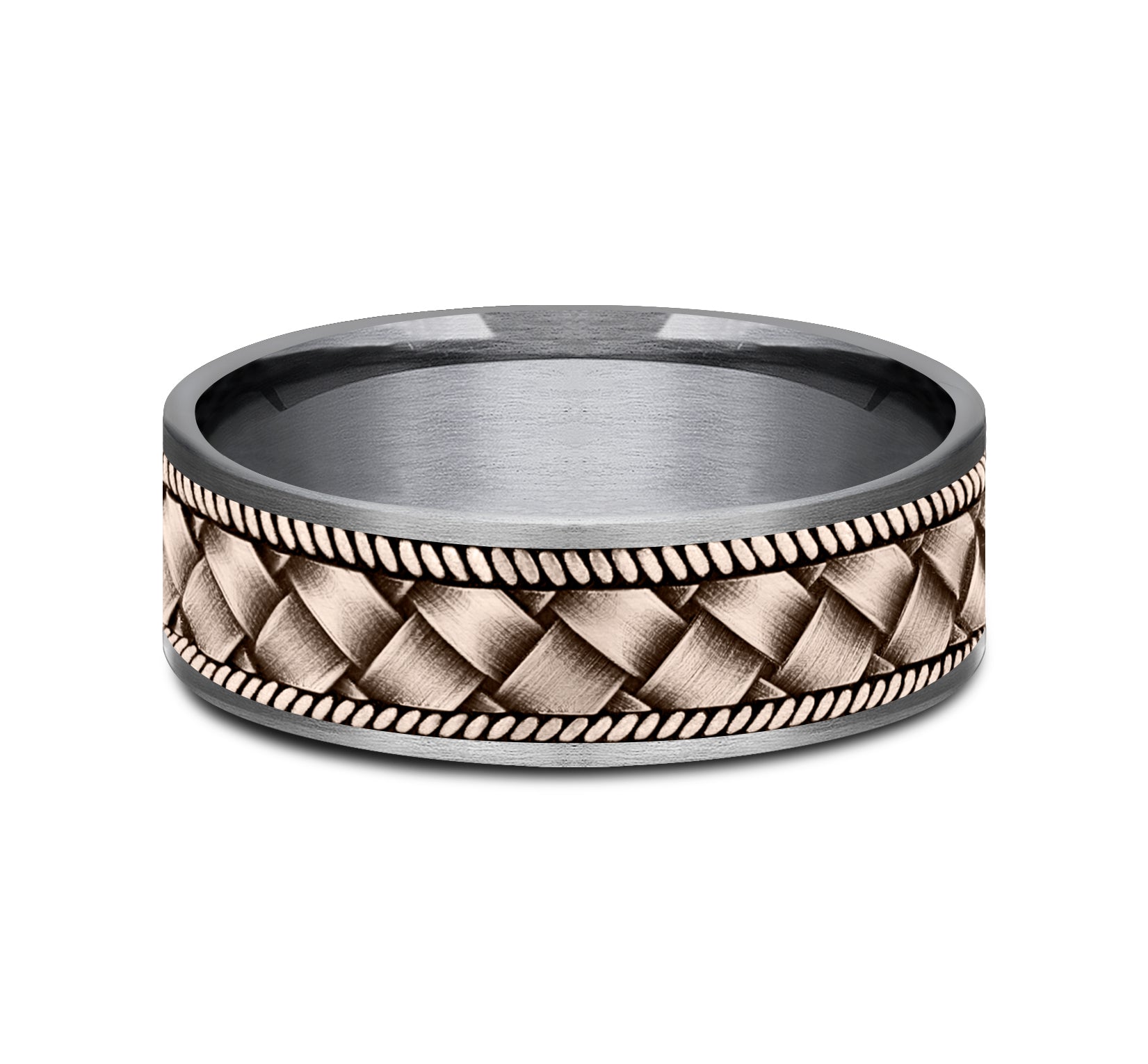 THE BASKET 7.5mm, Comfort fit, Grey Tantalum and 14K Rose Gold, Basket weave pattern, thin edges