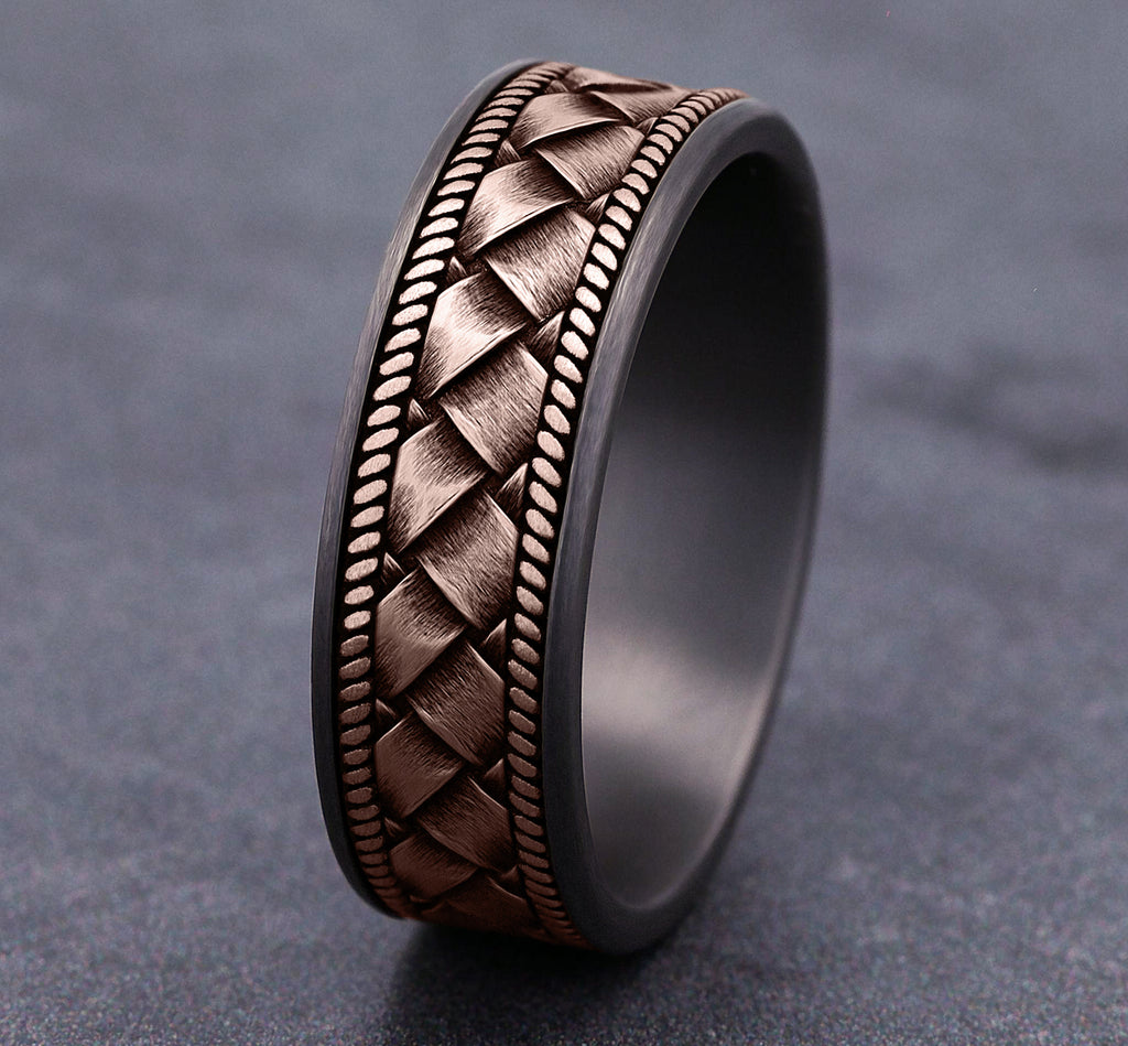 THE BASKET 7.5mm, Comfort fit, Grey Tantalum and 14K Rose Gold, Basket weave pattern, thin edges