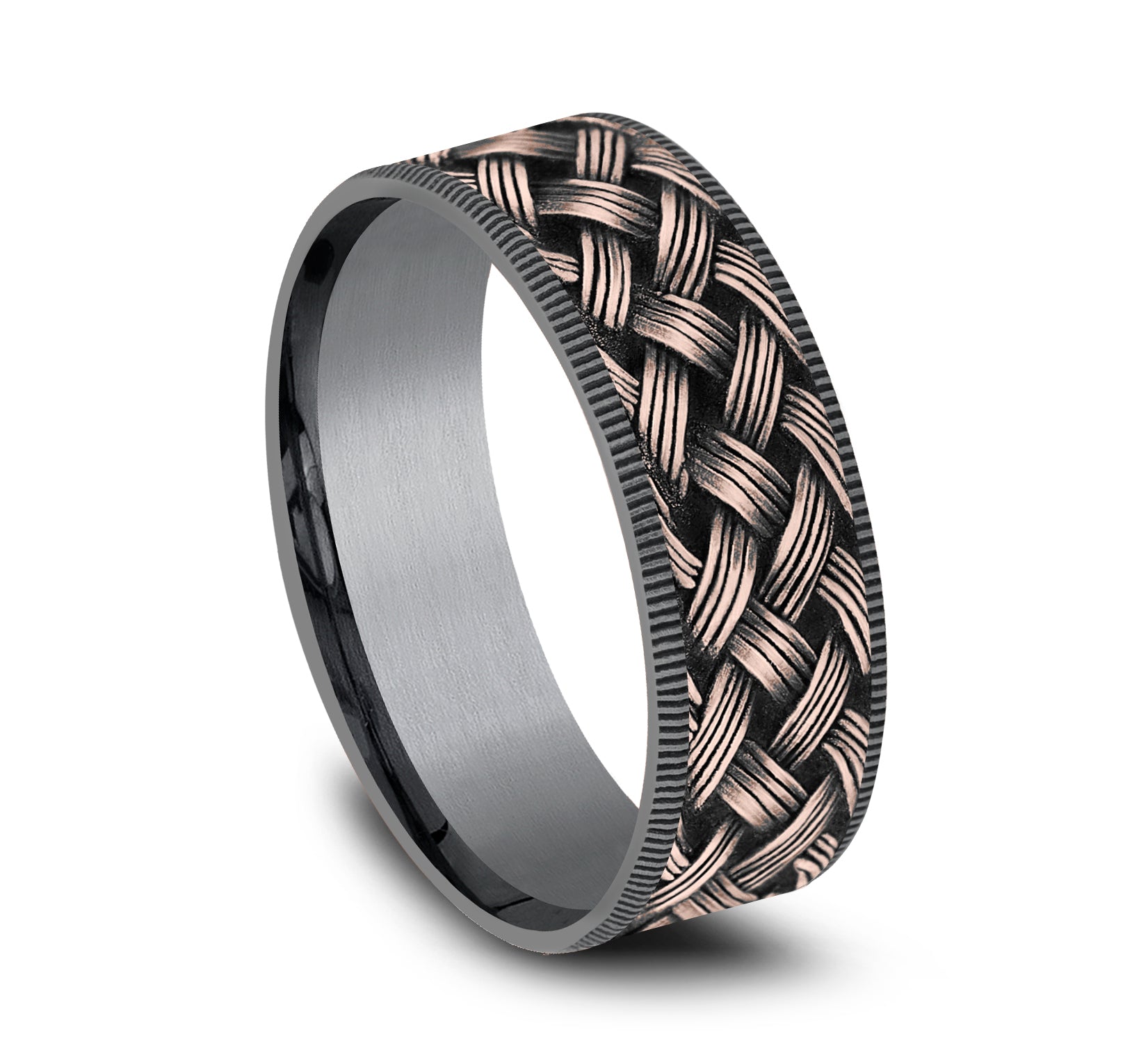 THE TRELLIS 7.5mm, Comfort fit, Grey Tantalum and 14K Rose Gold, Lattice weave pattern, thin edges