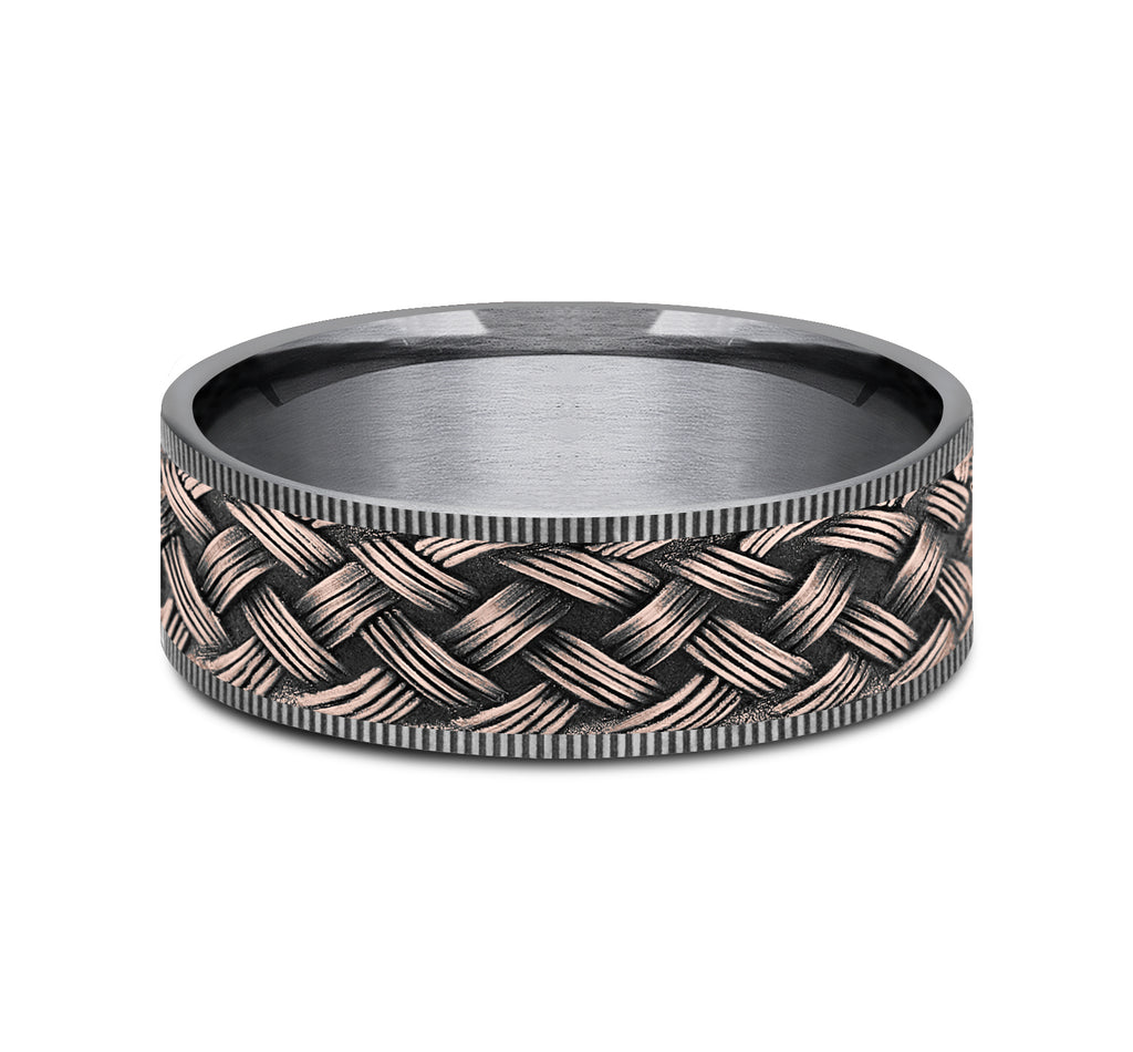 THE TRELLIS 7.5mm, Comfort fit, Grey Tantalum and 14K Rose Gold, Lattice weave pattern, thin edges