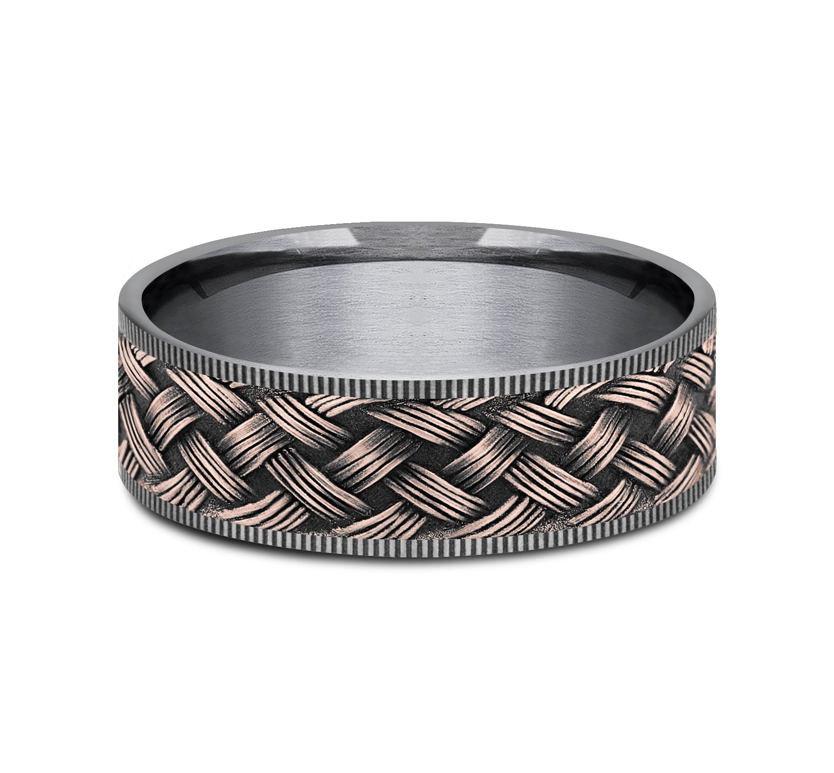 THE TRELLIS 7.5mm, Comfort fit, Grey Tantalum and 14K Rose Gold, Lattice weave pattern, thin edges