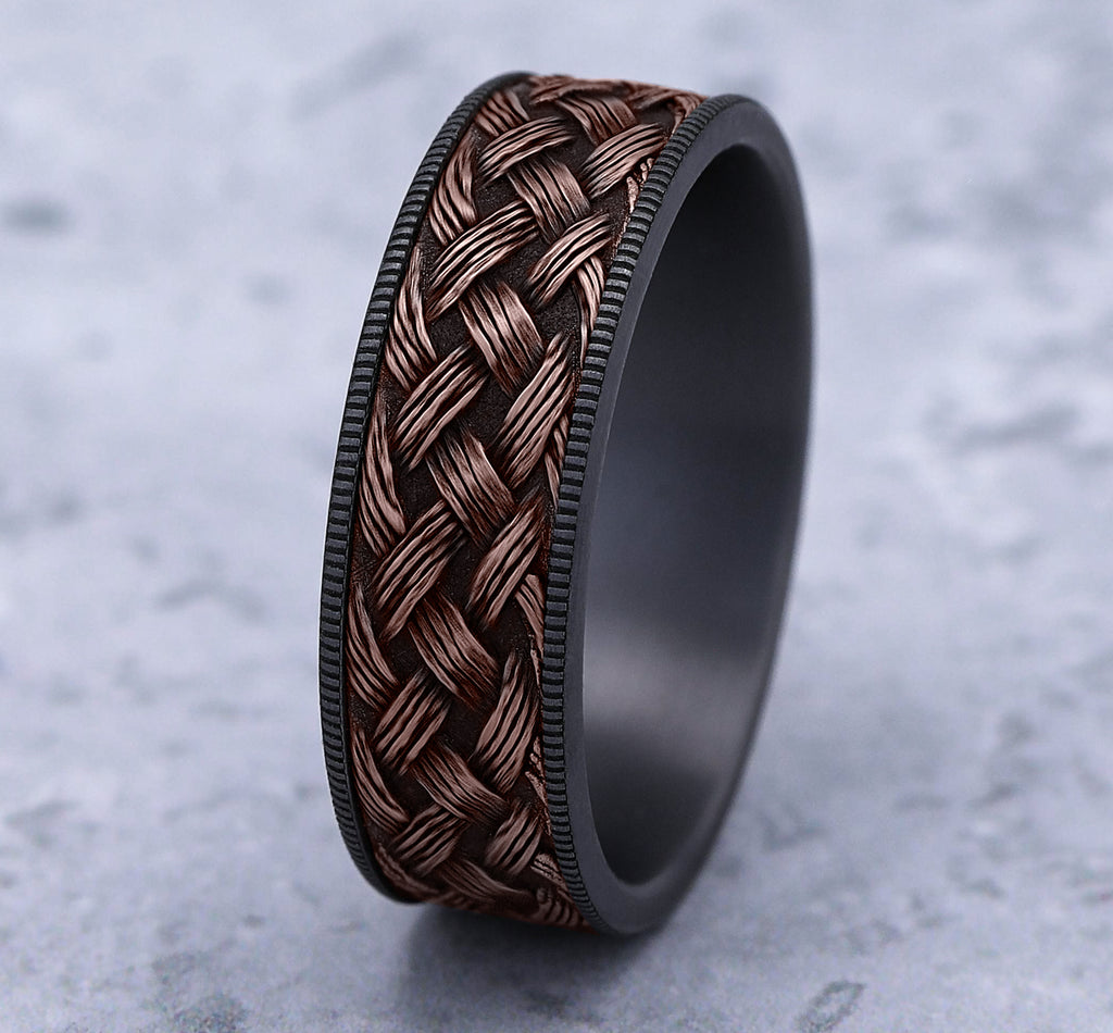 THE TRELLIS 7.5mm, Comfort fit, Grey Tantalum and 14K Rose Gold, Lattice weave pattern, thin edges