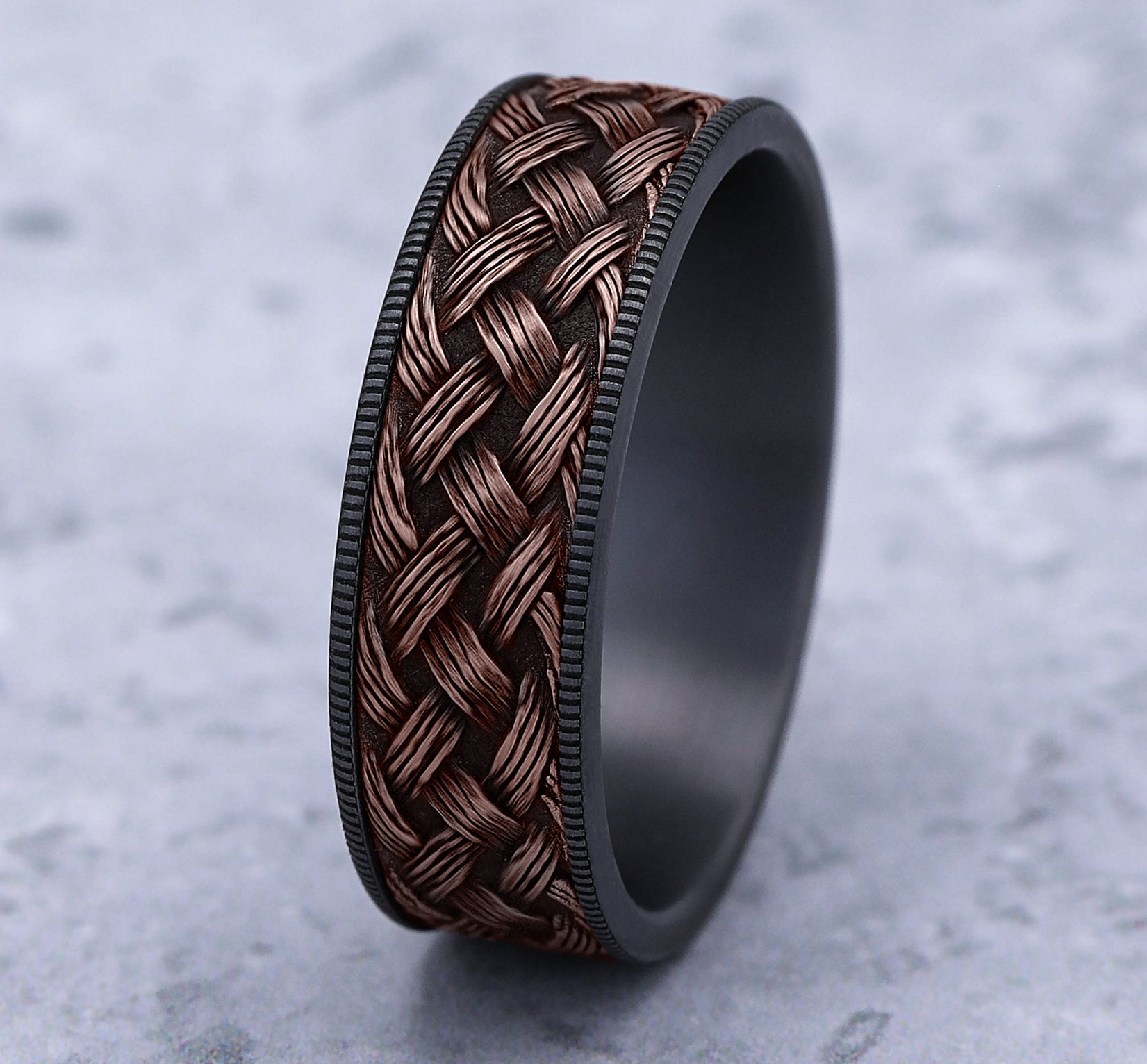 THE TRELLIS 7.5mm, Comfort fit, Grey Tantalum and 14K Rose Gold, Lattice weave pattern, thin edges