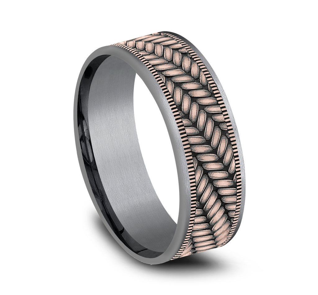 THE VANGUARD 7.5mm, Comfort fit, Grey Tantalum and 14K Rose Gold, Cross chevron pattern, thin edges