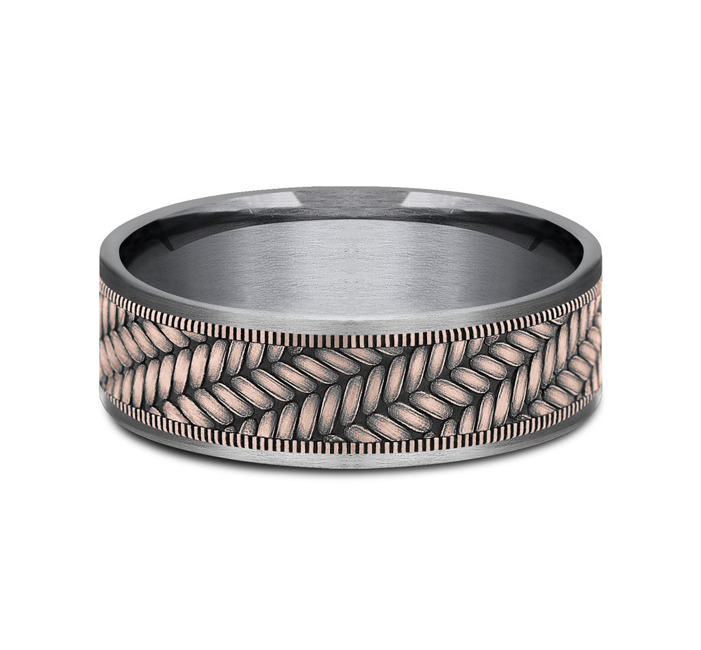 THE VANGUARD 7.5mm, Comfort fit, Grey Tantalum and 14K Rose Gold, Cross chevron pattern, thin edges