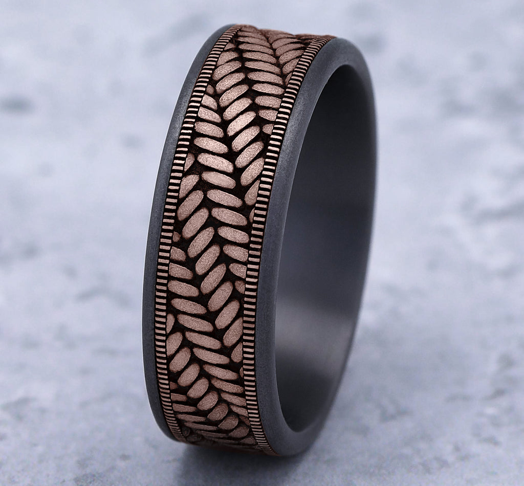 THE VANGUARD 7.5mm, Comfort fit, Grey Tantalum and 14K Rose Gold, Cross chevron pattern, thin edges