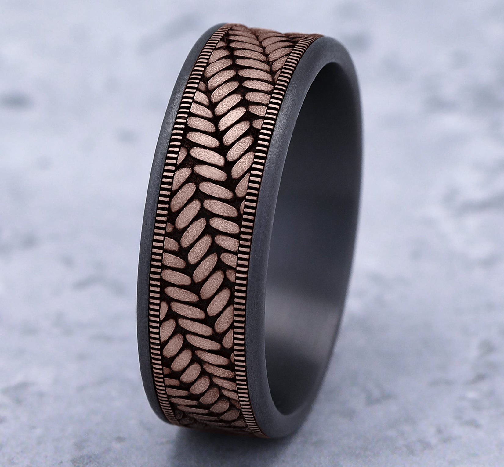 THE VANGUARD 7.5mm, Comfort fit, Grey Tantalum and 14K Rose Gold, Cross chevron pattern, thin edges