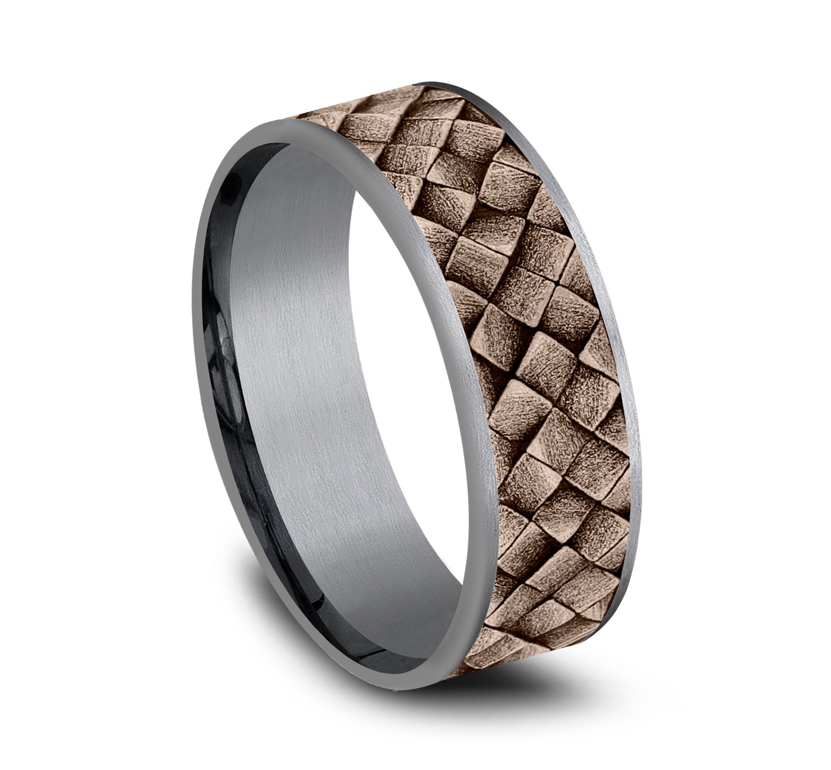 THE CROSS HATCH 7.5mm, Comfort fit, Grey Tantalum and 14K Rose Gold, Cross hatch square pattern, thin edges