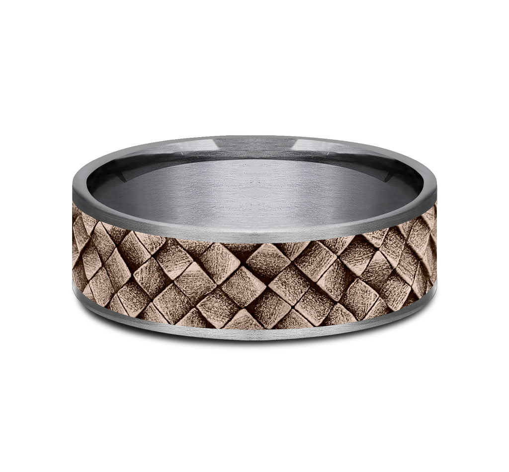THE CROSS HATCH 7.5mm, Comfort fit, Grey Tantalum and 14K Rose Gold, Cross hatch square pattern, thin edges