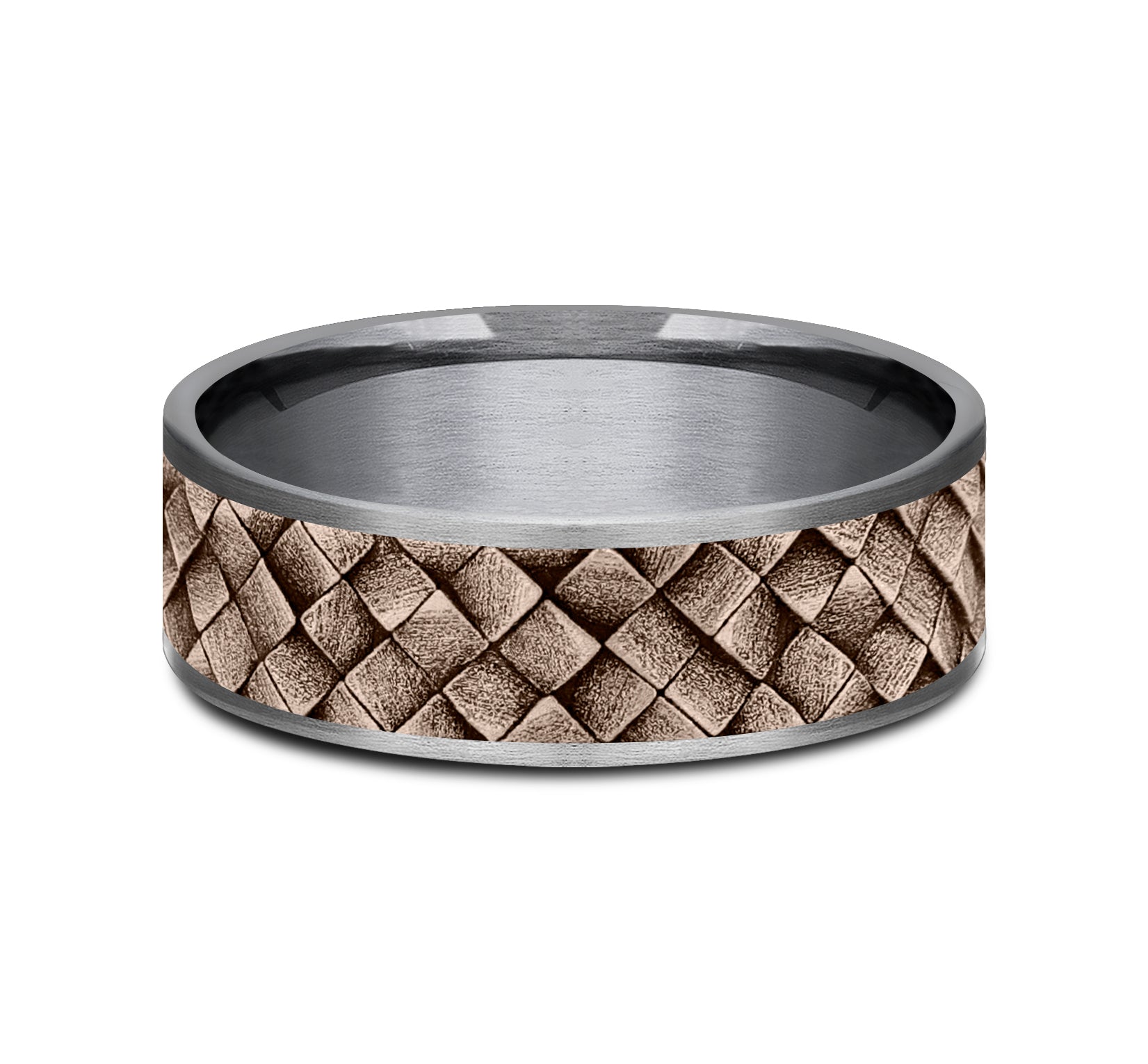 THE CROSS HATCH 7.5mm, Comfort fit, Grey Tantalum and 14K Rose Gold, Cross hatch square pattern, thin edges
