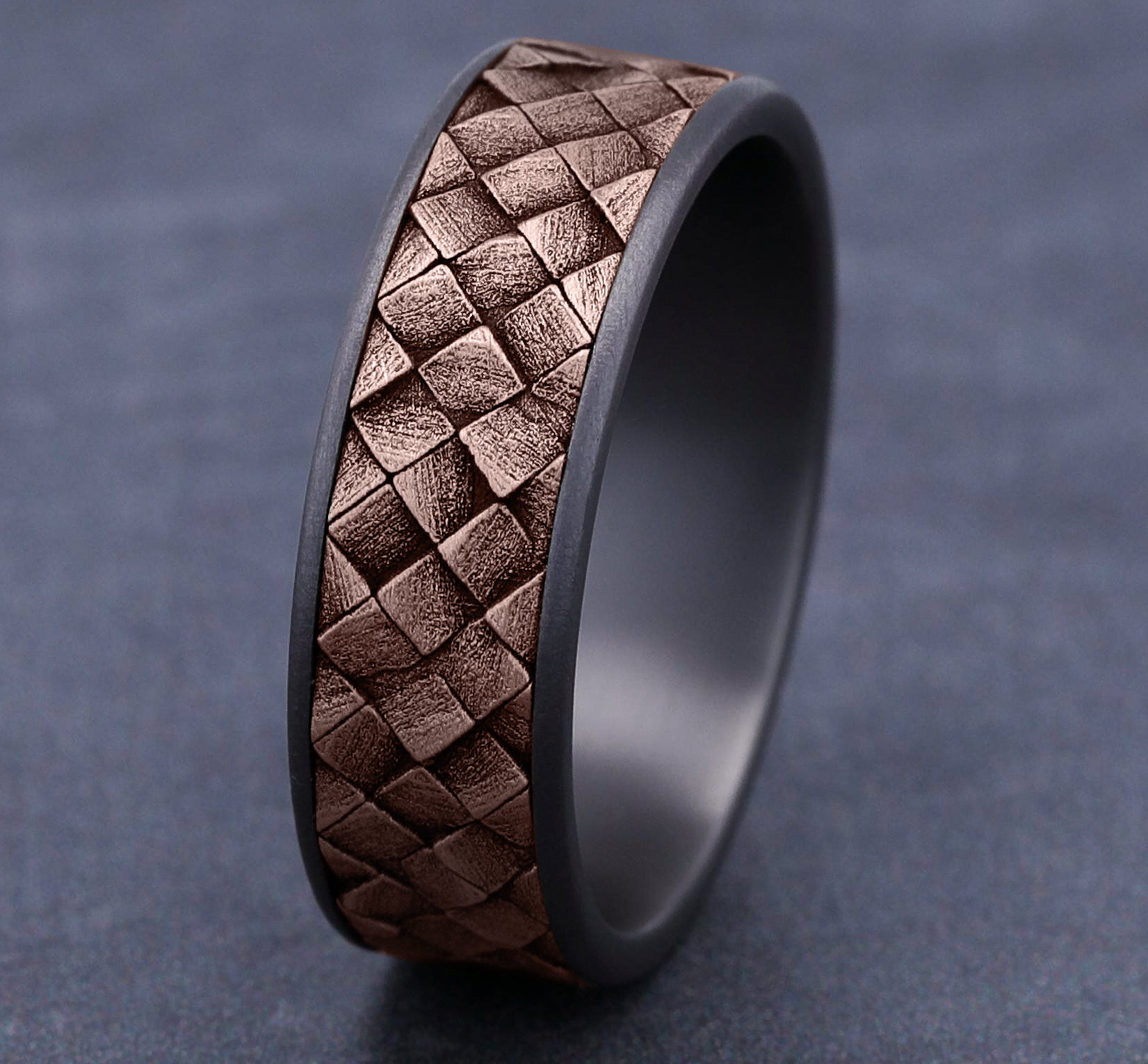 THE CROSS HATCH 7.5mm, Comfort fit, Grey Tantalum and 14K Rose Gold, Cross hatch square pattern, thin edges