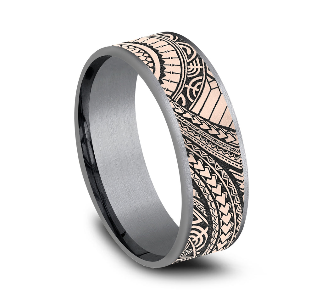 THE POLYNESIAN 7.5mm, Comfort fit, Grey Tantalum and 14K Rose Gold, Polynesian inspired design, thin edges