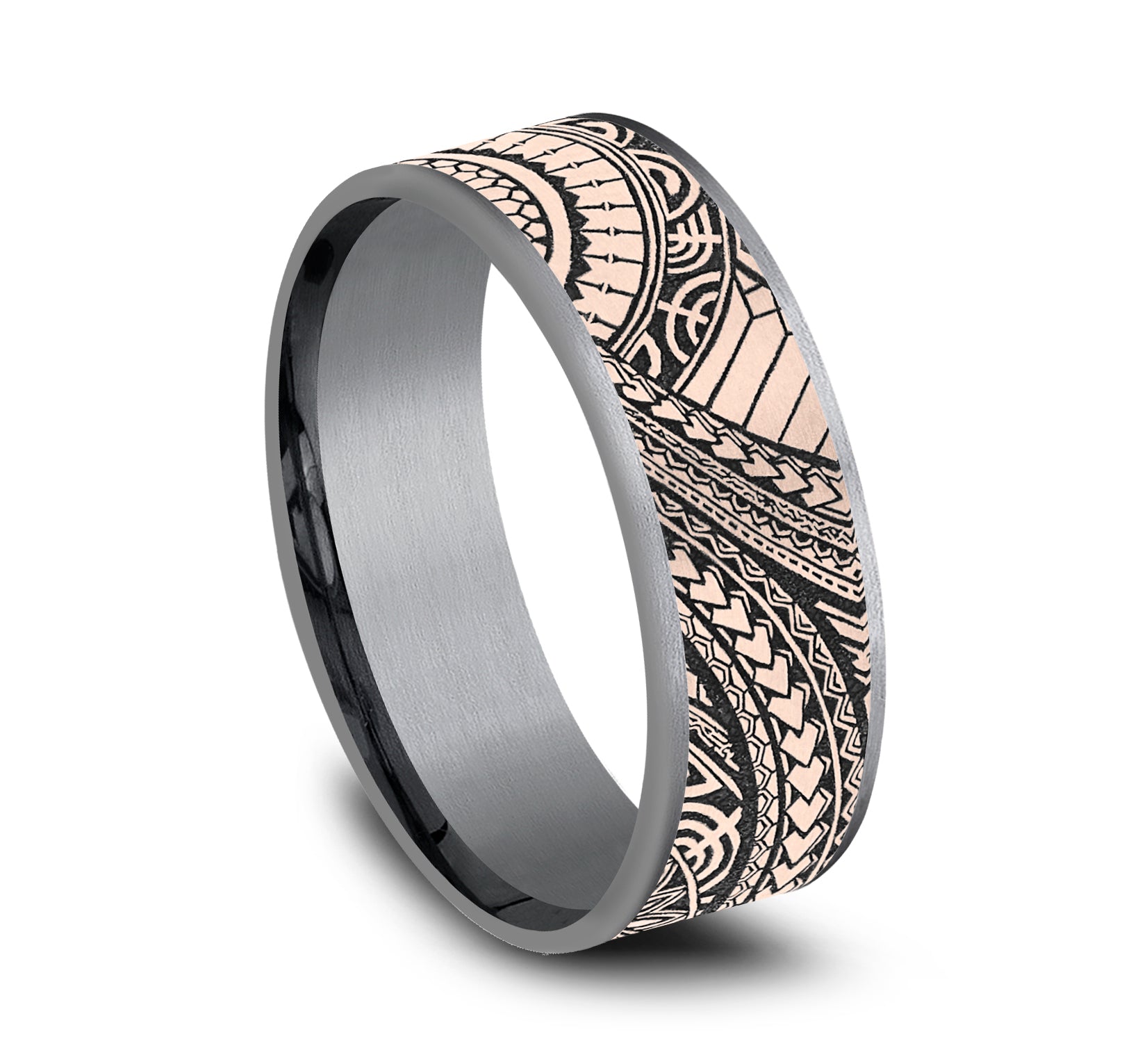 THE POLYNESIAN 7.5mm, Comfort fit, Grey Tantalum and 14K Rose Gold, Polynesian inspired design, thin edges
