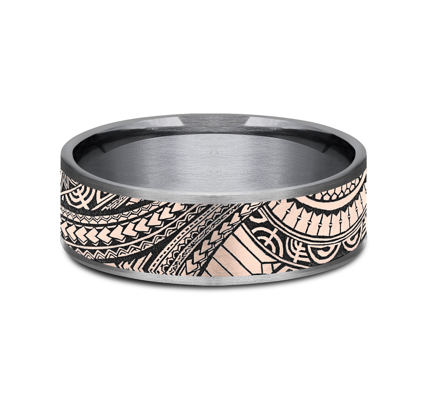 THE POLYNESIAN 7.5mm, Comfort fit, Grey Tantalum and 14K Rose Gold, Polynesian inspired design, thin edges