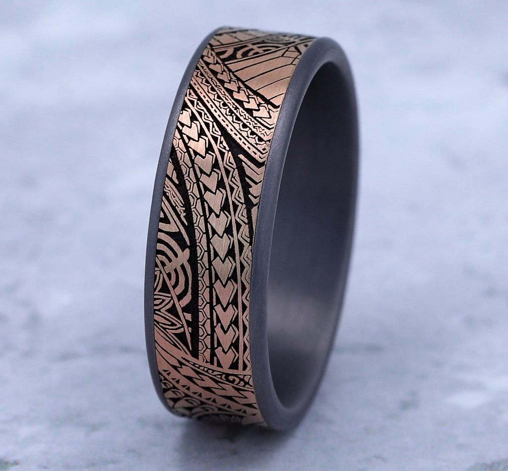 THE POLYNESIAN 7.5mm, Comfort fit, Grey Tantalum and 14K Rose Gold, Polynesian inspired design, thin edges