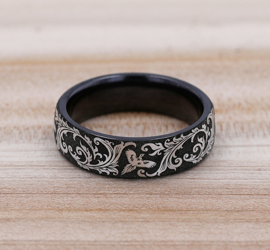 THE PHEASANT 6.5mm, European comfort fit, Grey/Black Titanium, Pheasant scroll design