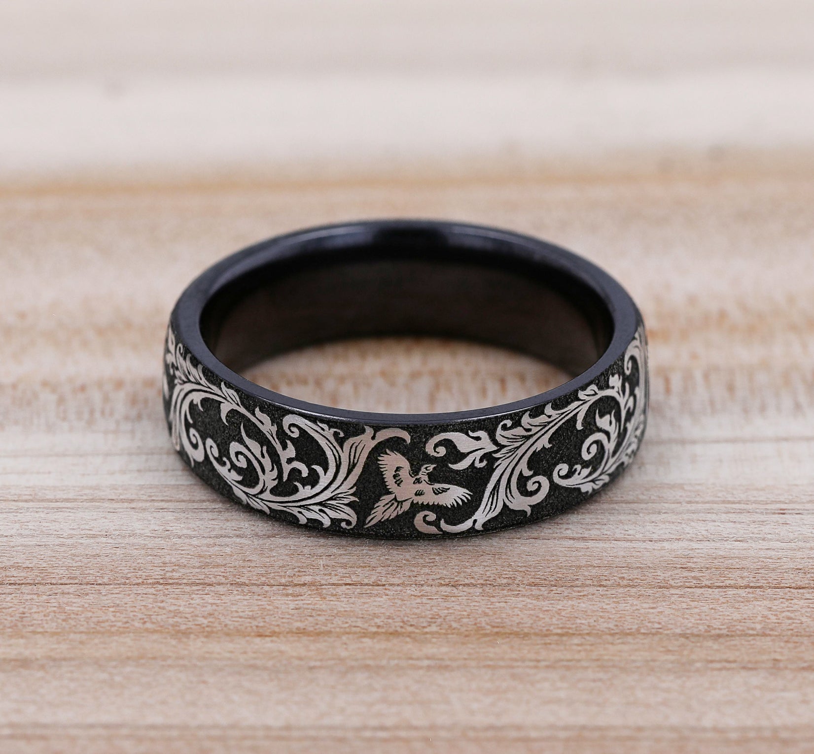 THE PHEASANT 6.5mm, European comfort fit, Grey/Black Titanium, Pheasant scroll design
