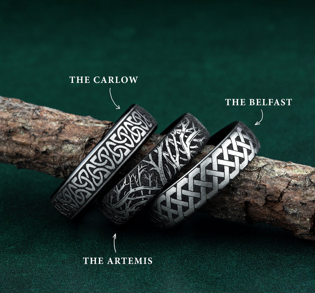 THE CARLOW 6.5mm, European comfort fit, Grey/Black Titanium, Celtic knot pattern