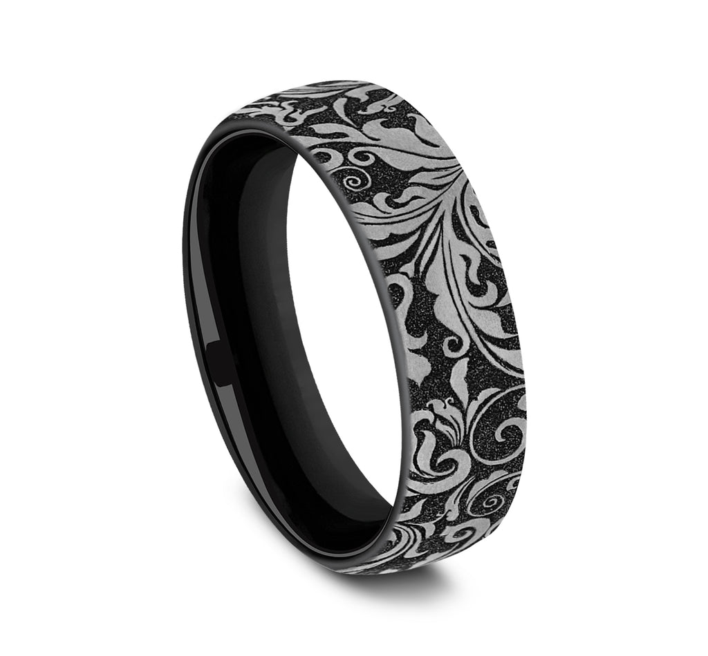 THE VINE 6.5mm, European comfort fit, Grey and Black Titanium, Leaf script pattern