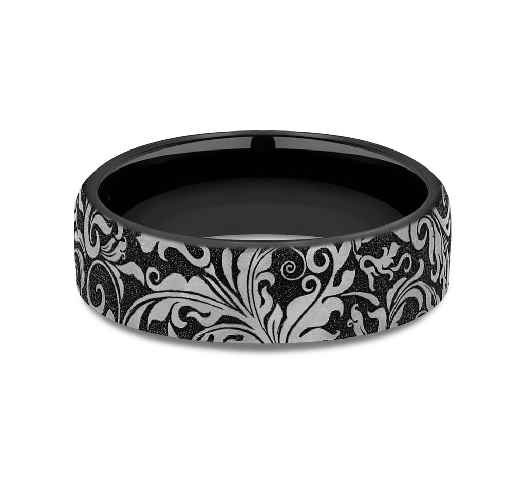 THE VINE 6.5mm, European comfort fit, Grey and Black Titanium, Leaf script pattern
