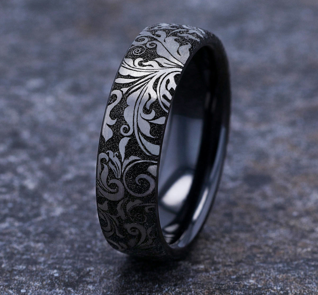 THE VINE 6.5mm, European comfort fit, Grey and Black Titanium, Leaf script pattern
