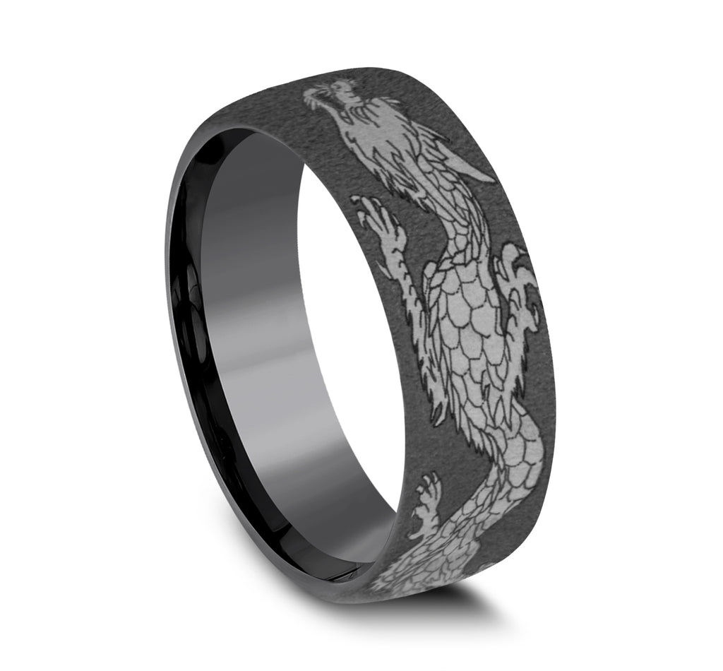 THE PROTECTOR 7.5mm, European comfort fit, Darkened Tantalum, Chinese dragon pattern