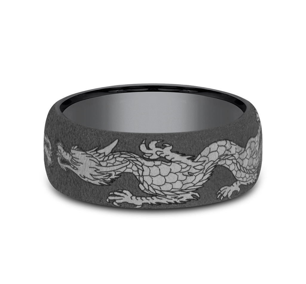 THE PROTECTOR 7.5mm, European comfort fit, Darkened Tantalum, Chinese dragon pattern